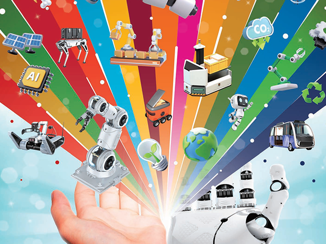 Colorful promotional graphic for the International Robot Exhibition 2025 in Tokyo, themed “Sustainable Societies Through Robotics,” featuring illustrations of robots, renewable energy, and advanced technologies emerging from an open hand.