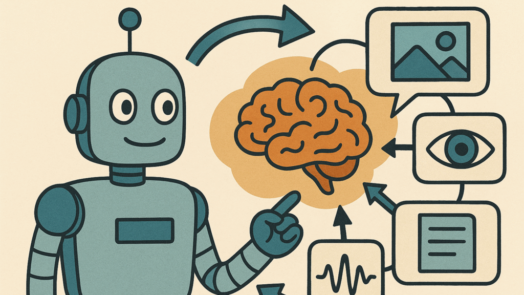 Cartoon illustration of a teal-blue robot beside a brain and sensory icons, symbolizing how multi-modal data—vision, touch, motion, and context—enables embodied AI.