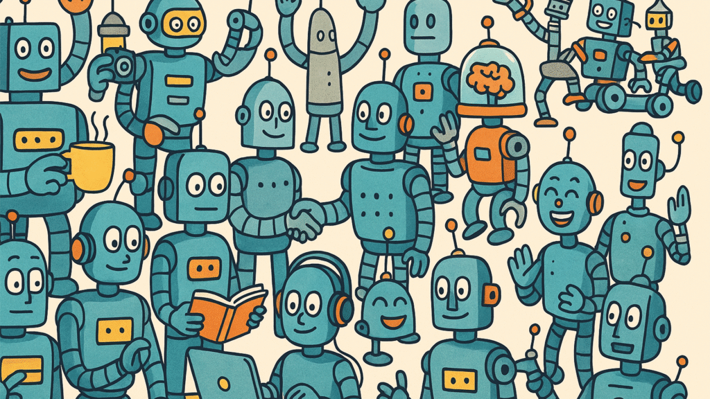 Playful cartoon illustration of smiling teal-blue robots with orange accents, symbolizing embodied AI learning from real-world multimodal experiences.